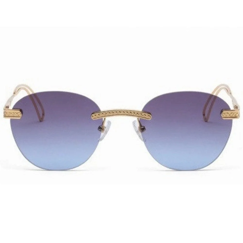 Mens Rimless Gold Textured Sunglasses Navy Blue Gradient Lens Luxury Style Retro